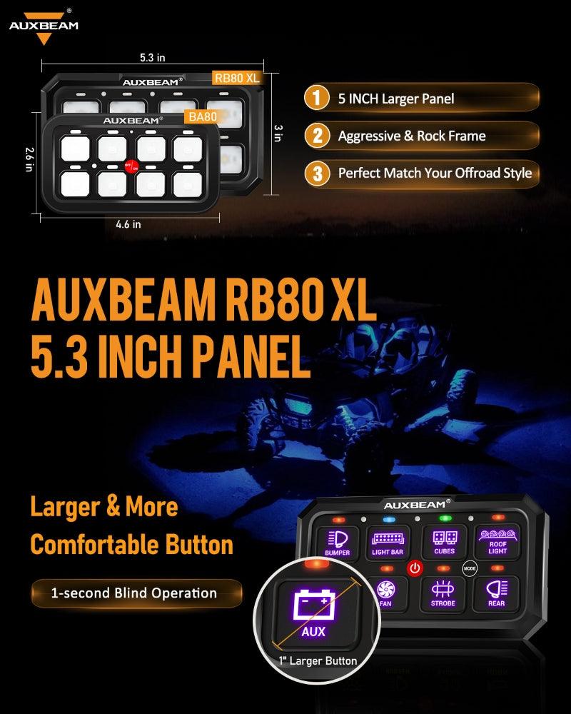 Auxbeam RGB Series RB80 XL 8-Gang Switch Panel – No App, Toggle/Momentary/Pulsed, Two-Sided Outlet