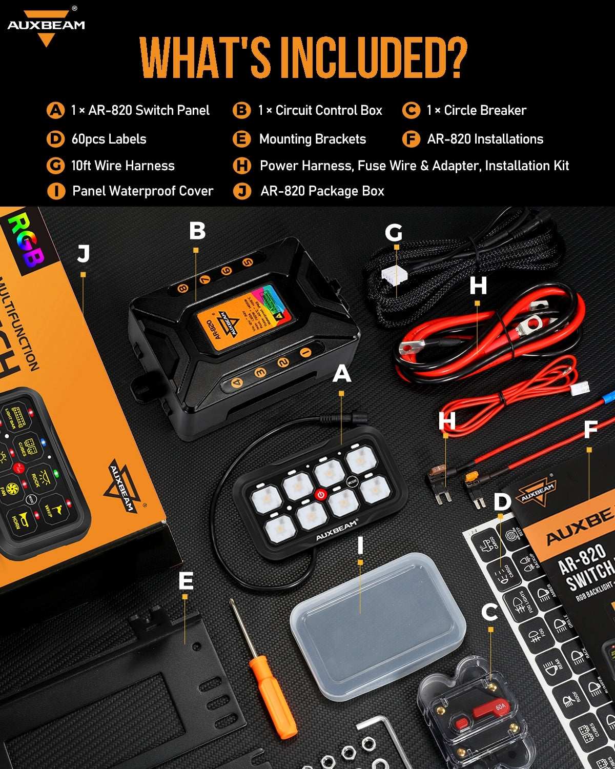 Auxbeam AR Series AR-820 8-Gang RGB Switch Panel – App Control, Toggle/Momentary/Pulsed, Two-Sided Outlet