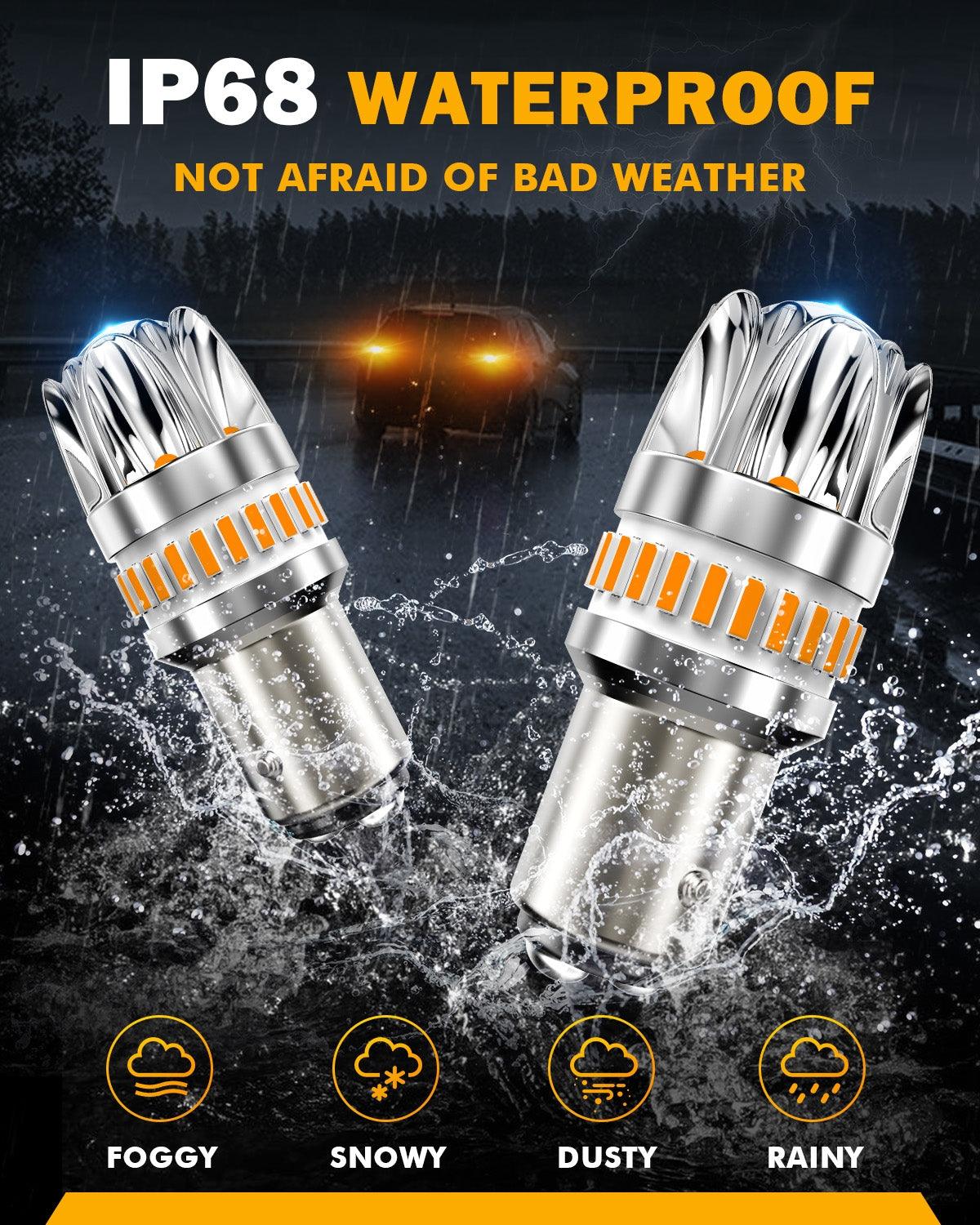 Auxbeam 1157 BAY15D LED Turn Signal Bulbs – Y2 Series, Front/Rear & Side Marker Lights, 14W, 6000LM, 3000K Amber, CAN-Bus Error-Free (2 Pack)