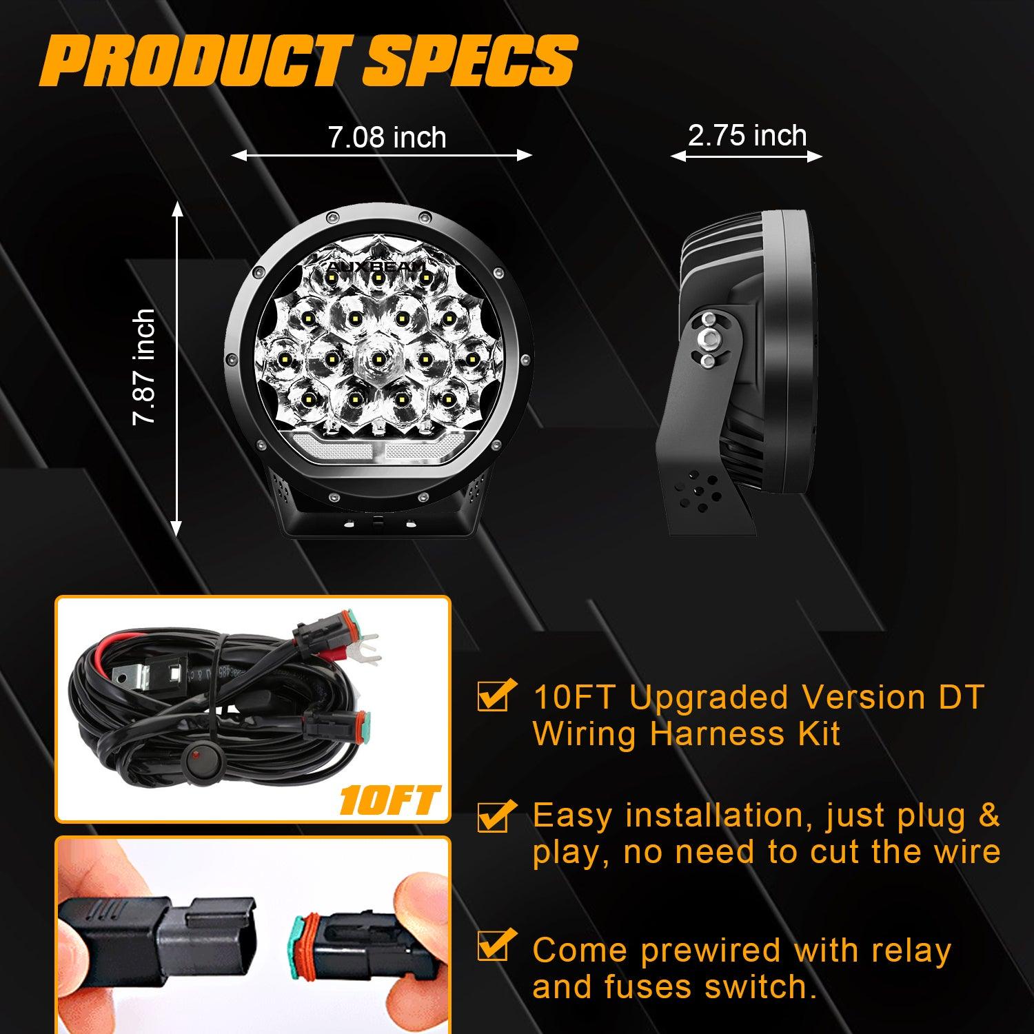 Auxbeam 7" 178W Round LED Driving Lights – Spot Beam, Off-Road (2 Pack)