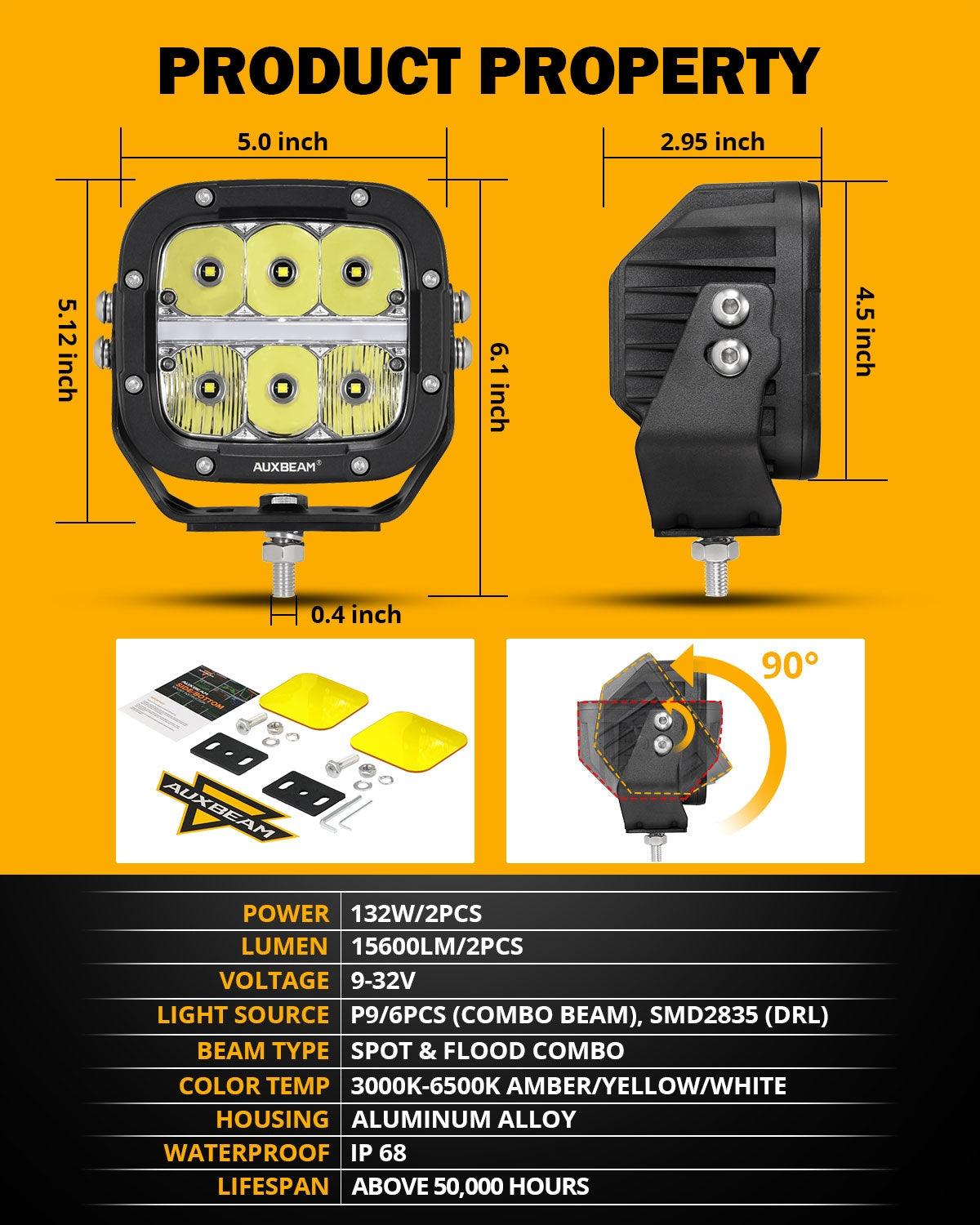 Auxbeam XP-ULTRA Series 5" LED Pods – 132W, 15,600LM, White/Amber, Amber DRL