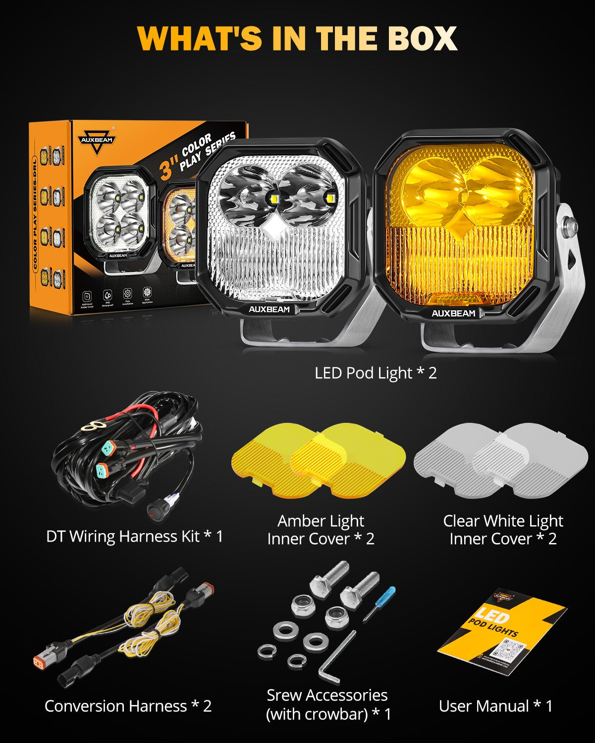 Auxbeam Color Play Series 3" LED Pod Lights – 100W, Combo Beam, White DRL & Amber Turn Signal