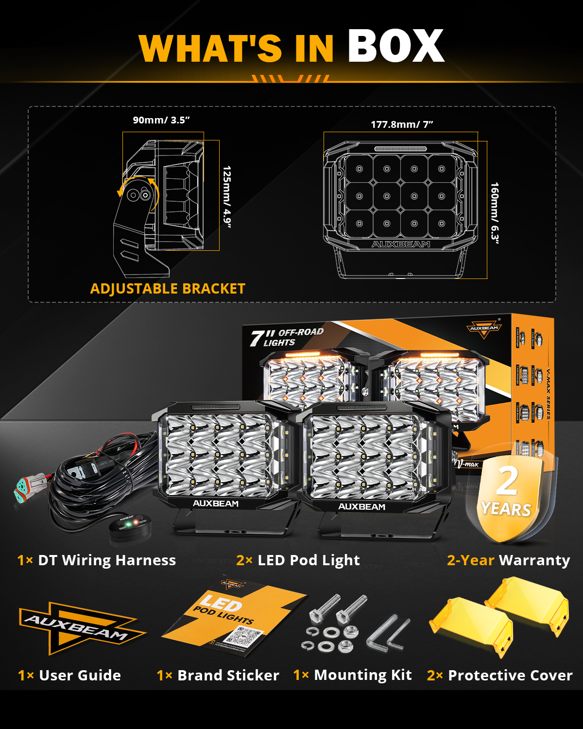 Auxbeam V-MAX Series 7x5" Rectangle LED Driving Lights – 228W, 26,100LM, Spot Beam Side Shooter, Amber DRL & Backlight