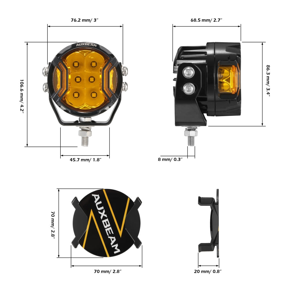Auxbeam V-ULTRA Series 3" LED Side Shooter Pods – 108W, Amber, Amber DRL