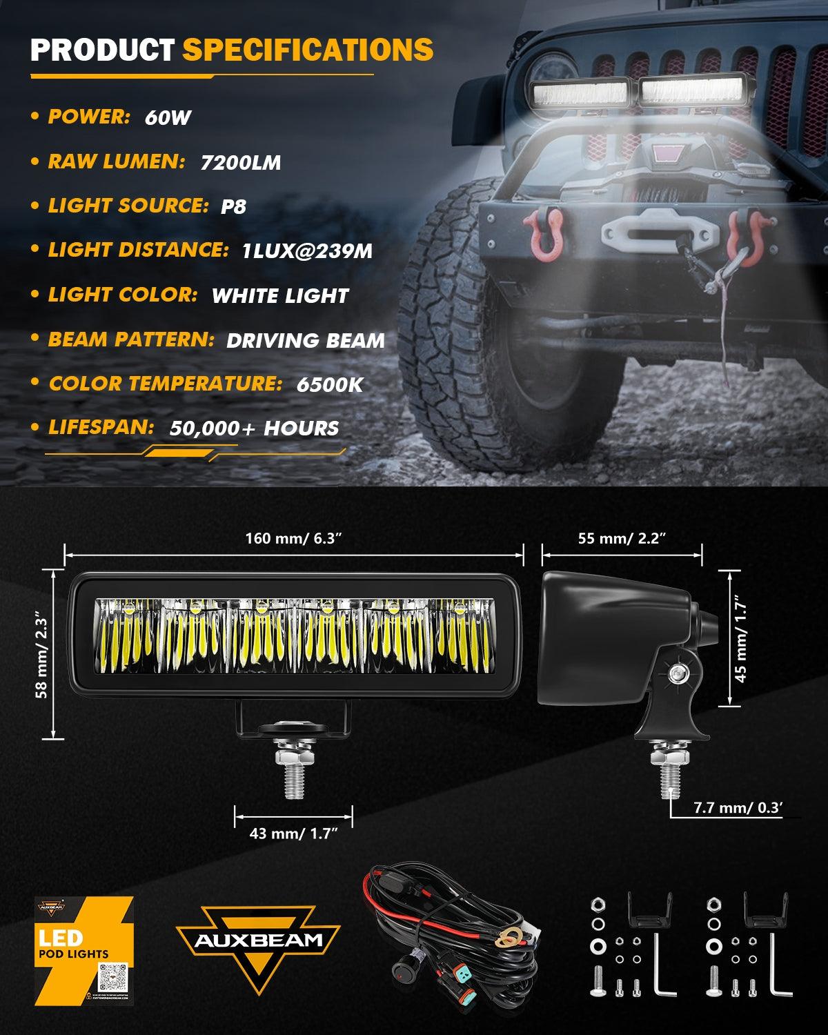 Auxbeam 6.3" LED Light Bar – 60W, 7,200LM Off-Road Driving Light