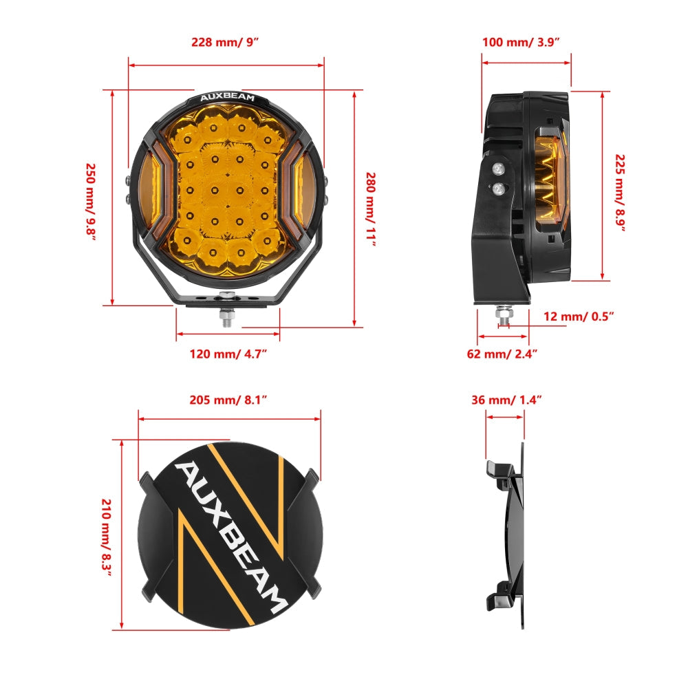 Auxbeam V-ULTRA Series 9" LED Side Shooter Driving Lights – 300W, Amber, Amber DRL