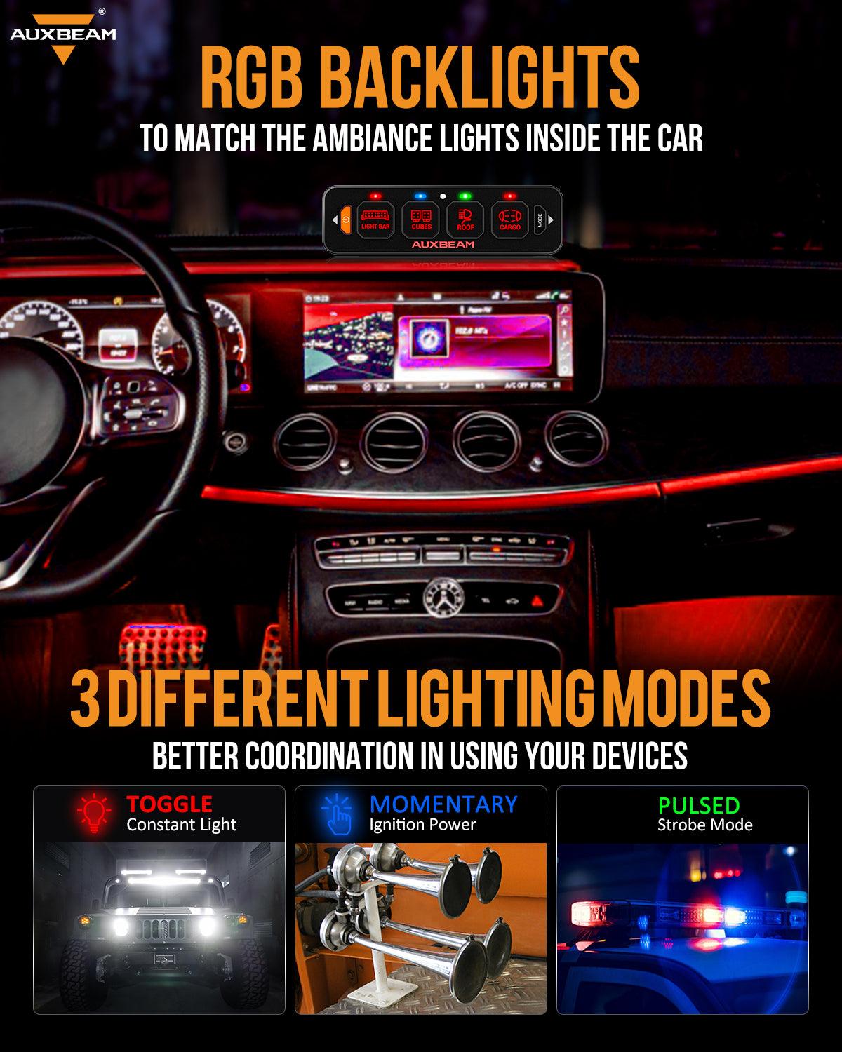 Auxbeam AS Series 4 Gang (AS-R40) RGB Slim Switch Panel, Toggle/ Momentary/ Pulsed Mode Supported(One-Sided Outlet)