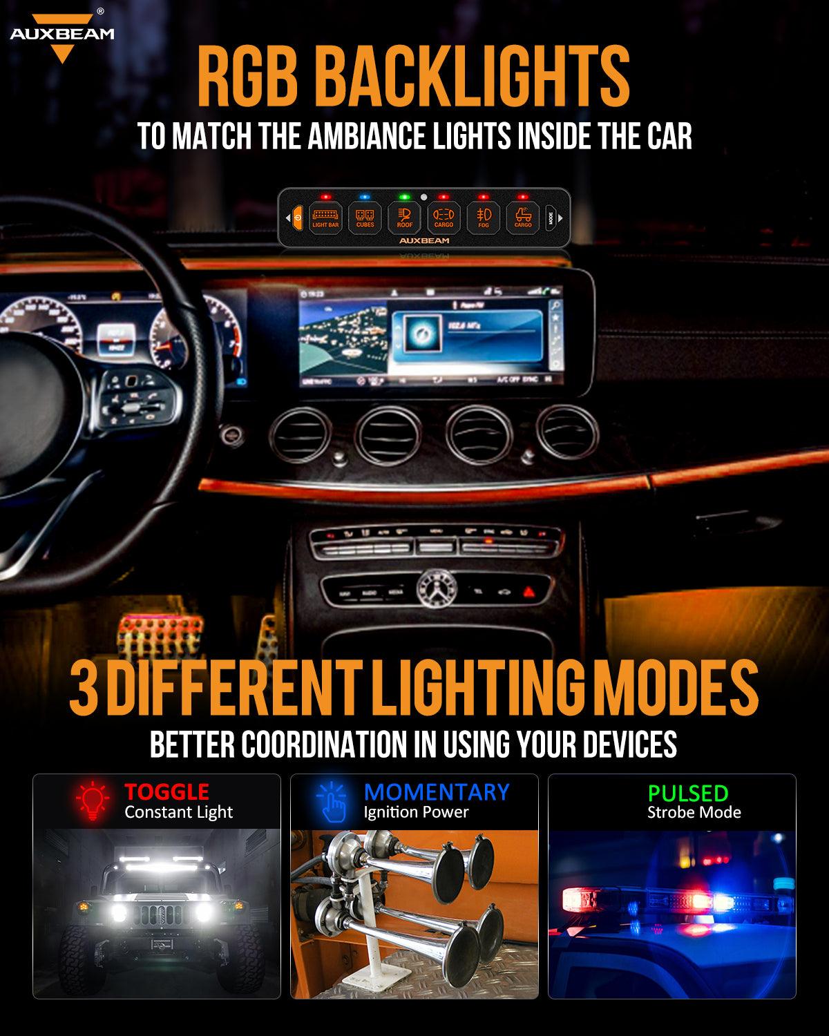 Auxbeam AS Series 6 Gang (AS-R60) RGB Slim Switch Panel, Toggle/ Momentary/ Pulsed Mode Supported(One-Sided Outlet)