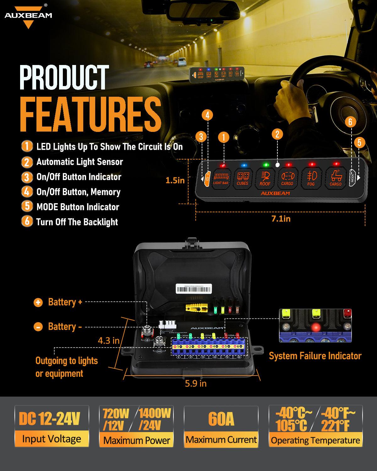 Auxbeam AS Series 6 Gang (AS-R60) RGB Slim Switch Panel, Toggle/ Momentary/ Pulsed Mode Supported(One-Sided Outlet)
