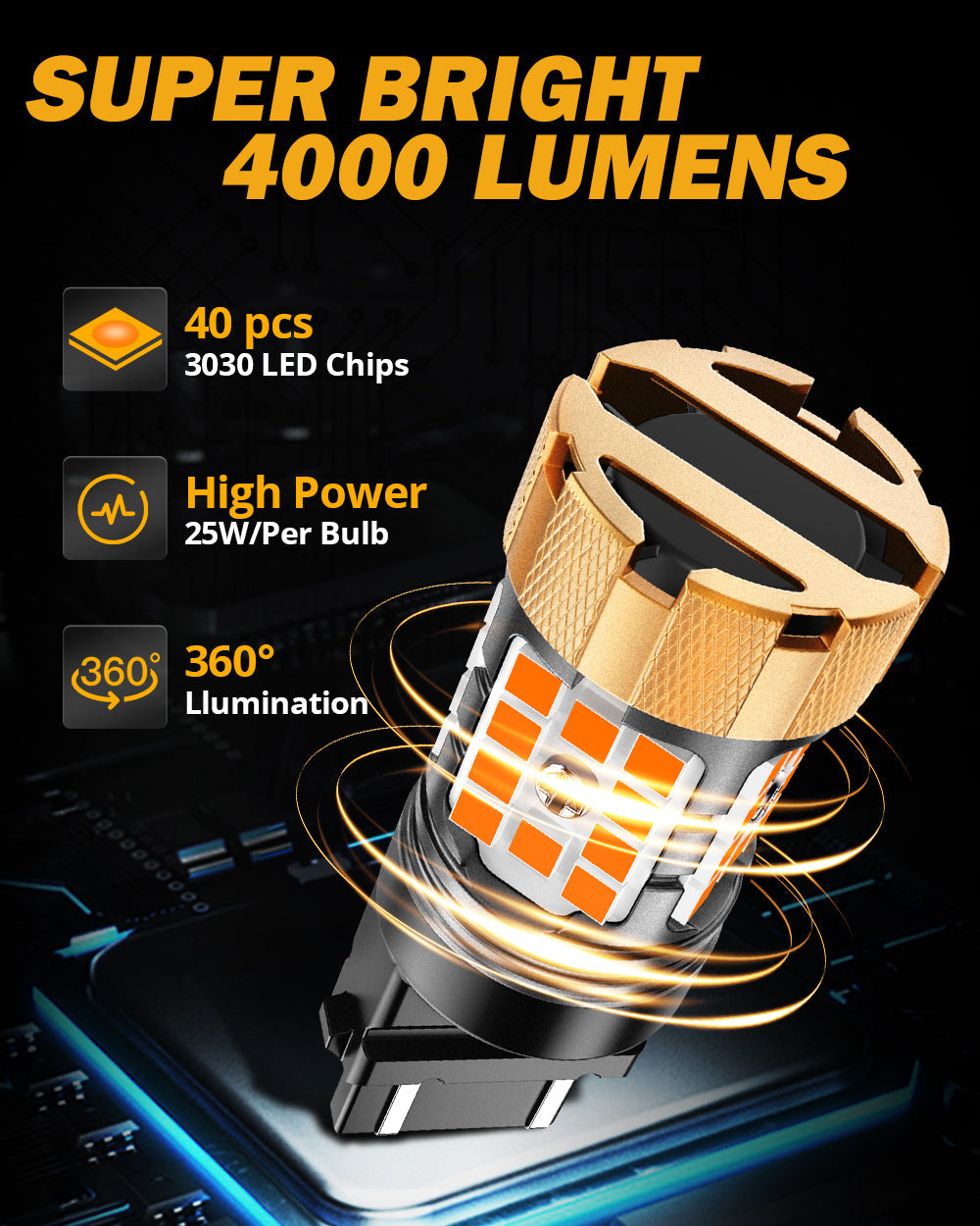 Auxbeam T25 / 3157 / 3156 LED Turn Signal Bulbs – B21-PRO Series, Front/Rear & Side Marker Lights, 50W, 4000LM, 3000K Amber, CAN-Bus Error-Free (2 Pack)