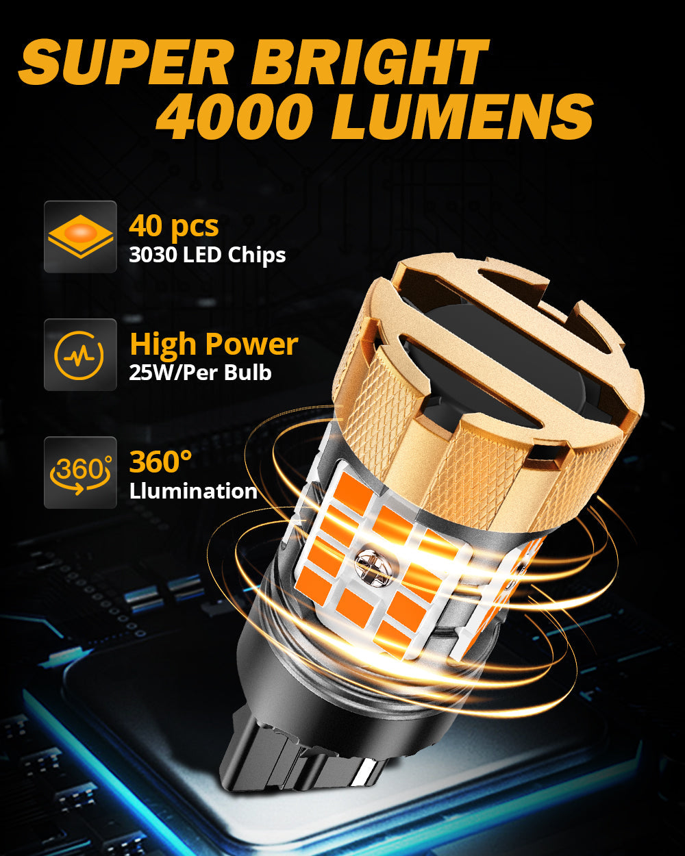 Auxbeam 7440 / 7440A LED Turn Signal Bulbs – B21-PRO Series, Front/Rear & Side Marker Lights, 50W, 4000LM, 3000K Amber, CAN-Bus Error-Free (2 Pack)