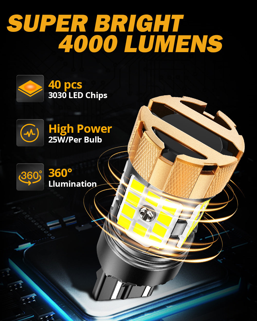 Auxbeam T20 / 7443 / 7440 LED Bulbs – B21-PRO Series, Backup/Reverse/Turn Signal/Brake/Tail Lights, 50W, 4000LM, 6500K White, CAN-Bus Error-Free (2 Pack)