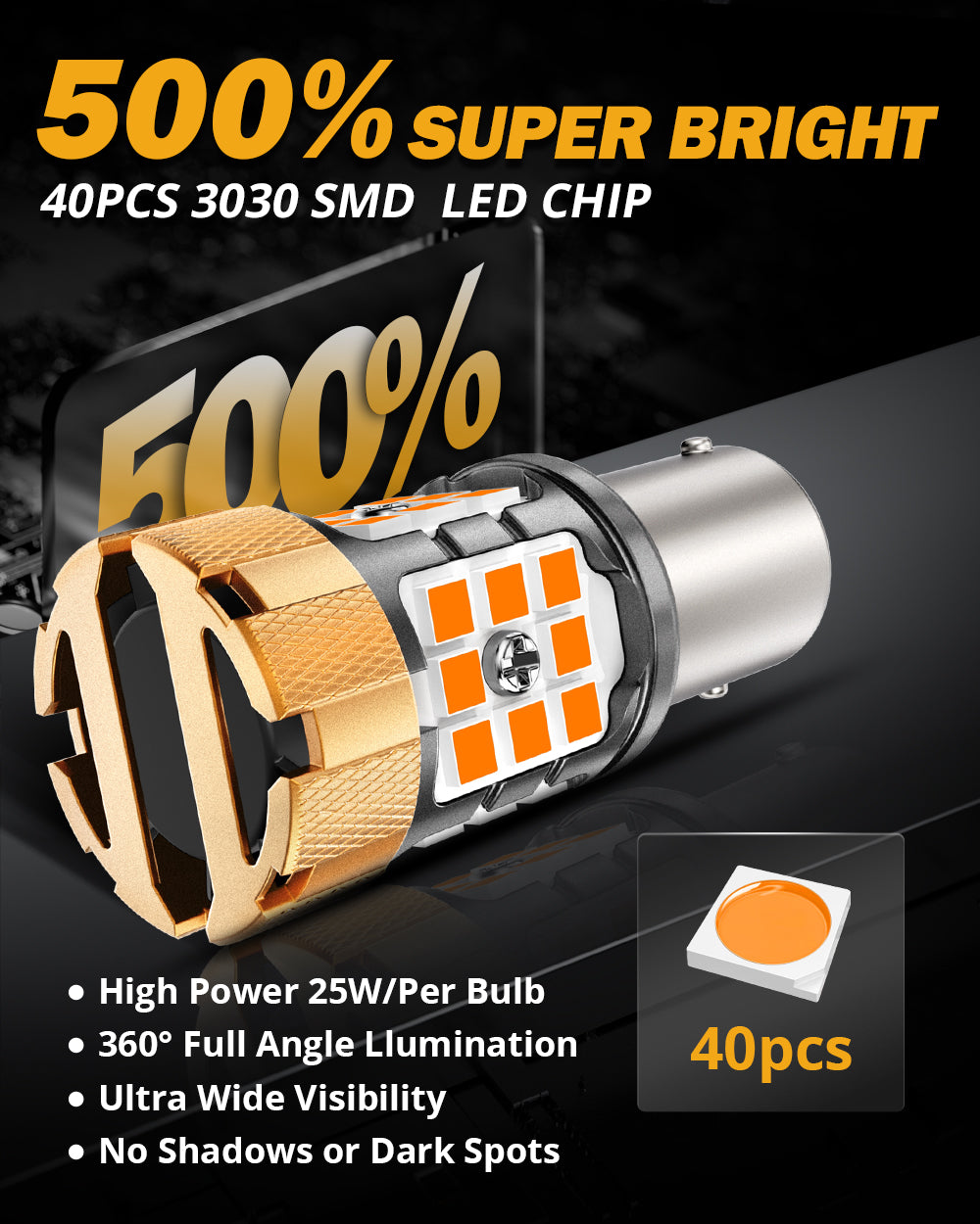 Auxbeam 1157 BAY15D LED Turn Signal Bulbs – B21-PRO Series, Front/Rear & Side Marker Lights, 50W, 4000LM, 3000K Amber, CAN-Bus Error-Free (2 Pack)