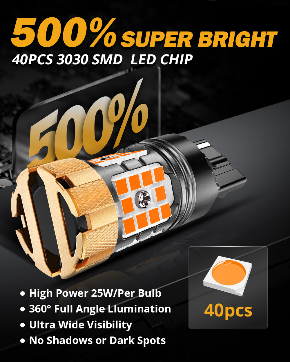 Auxbeam 7440 / 7440A LED Turn Signal Bulbs – B21-PRO Series, Front/Rear & Side Marker Lights, 50W, 4000LM, 3000K Amber, CAN-Bus Error-Free (2 Pack)