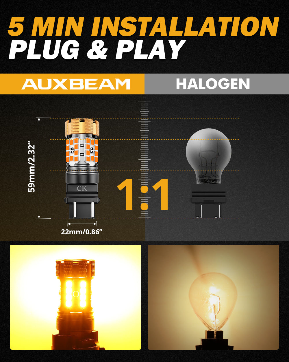 Auxbeam 3157 US-CK LED Turn Signal Bulbs – B21-PRO Series, Front/Rear & Side Marker Lights, 50W, 4000LM, 3000K Amber, CAN-Bus Error-Free (2 Pack)