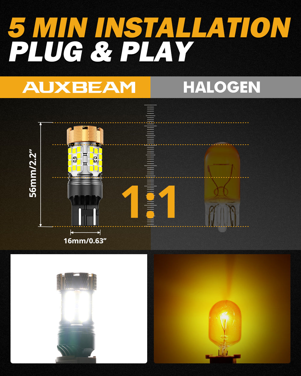 Auxbeam T20 / 7443 / 7440 LED Bulbs – B21-PRO Series, Backup/Reverse/Turn Signal/Brake/Tail Lights, 50W, 4000LM, 6500K White, CAN-Bus Error-Free (2 Pack)