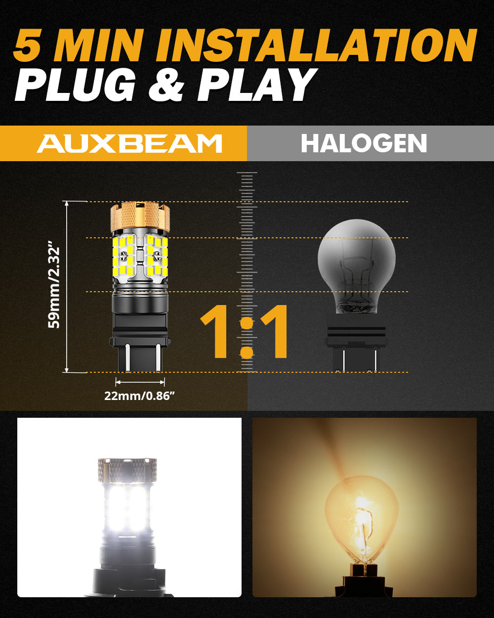 Auxbeam T25 / 3157 / 3156 LED Bulbs – B21-PRO Series, Backup/Reverse/Turn Signal/Brake/Tail Lights, 50W, 4000LM, 6500K White, CAN-Bus Error-Free (2 Pack)