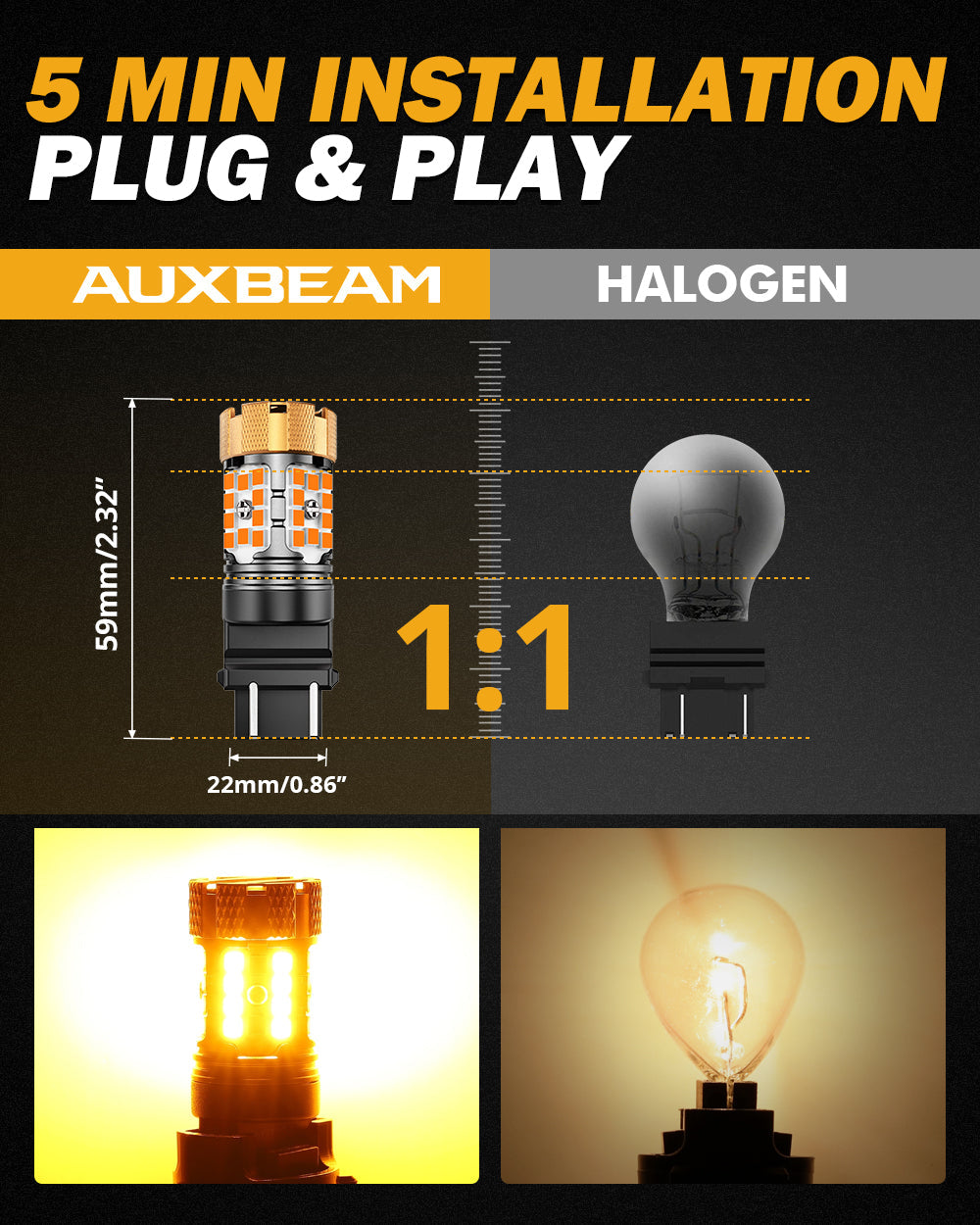 Auxbeam T25 / 3157 / 3156 LED Turn Signal Bulbs – B21-PRO Series, Front/Rear & Side Marker Lights, 50W, 4000LM, 3000K Amber, CAN-Bus Error-Free (2 Pack)