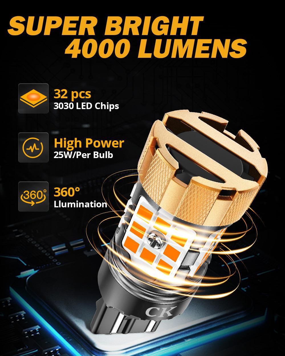 Auxbeam 7443 US-CK LED Turn Signal Bulbs – B21-PRO Series, Front/Rear & Side Marker Lights, 50W, 4000LM, 3000K Amber, CAN-Bus Error-Free (2 Pack)
