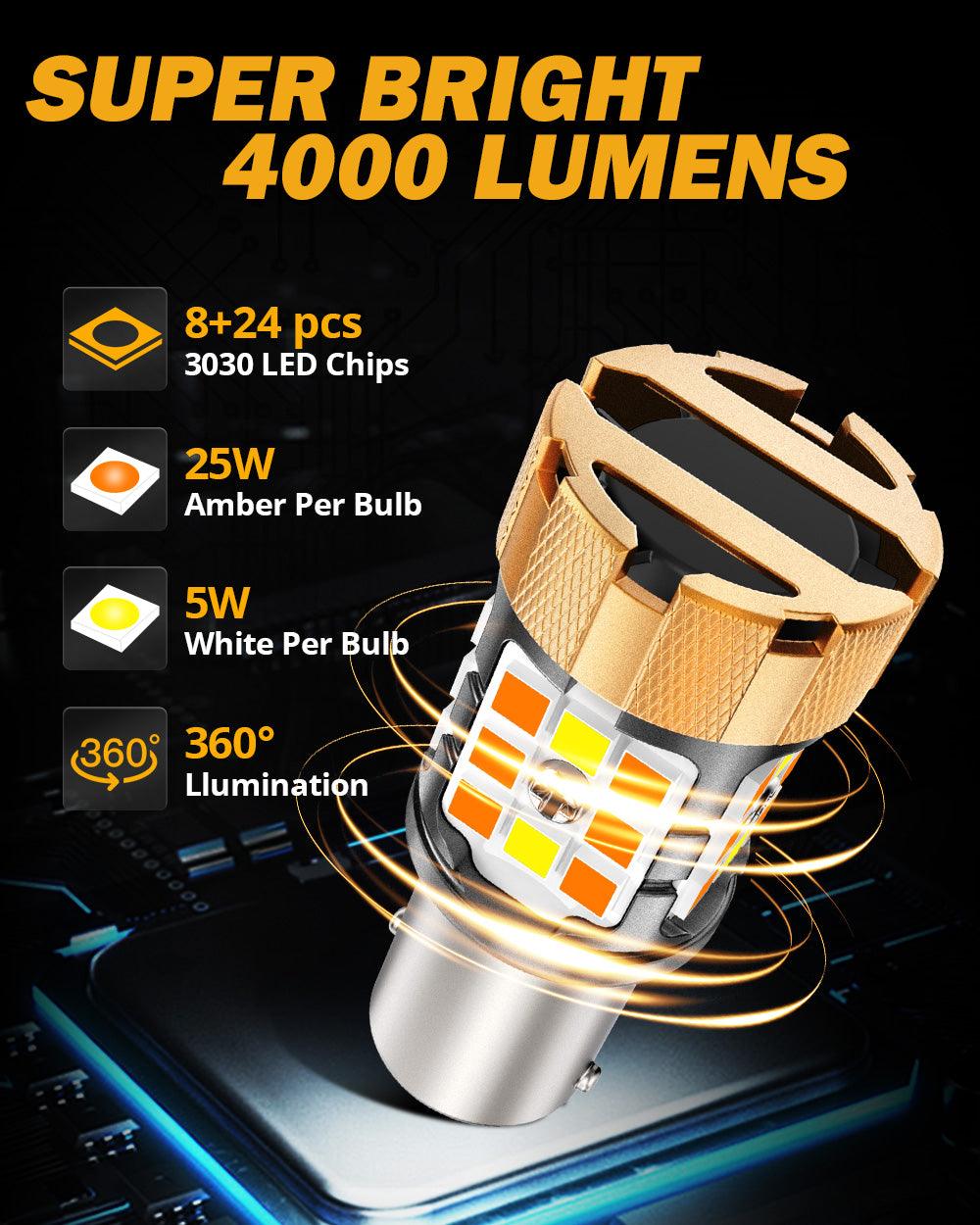 Auxbeam 1157 BAY15D LED Turn Signal & DRL Bulbs – B21 Series, 50W, 4000LM, Switchback White & Amber, CAN-Bus Error-Free (2 Pack)