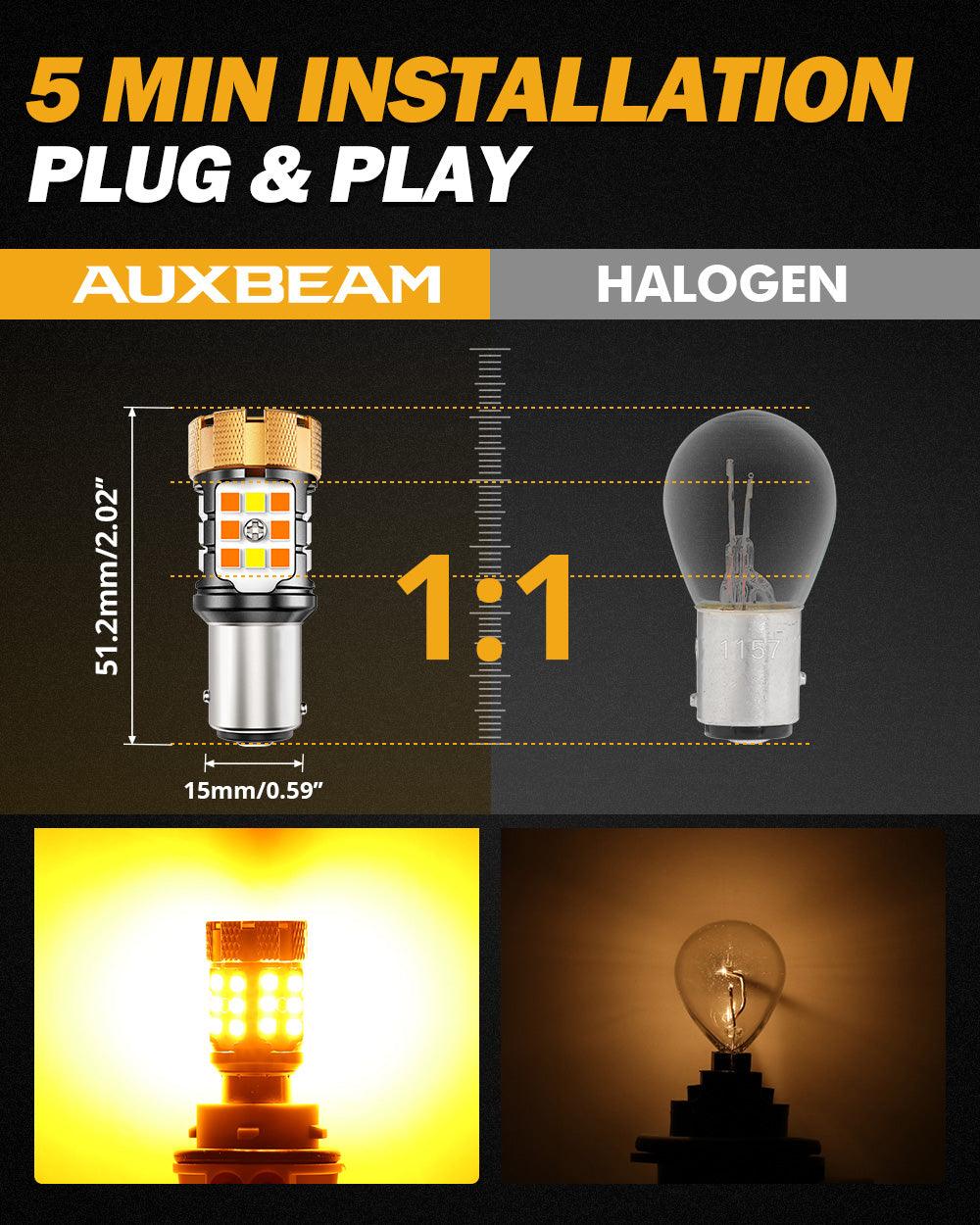 Auxbeam 1157 BAY15D LED Turn Signal & DRL Bulbs – B21 Series, 50W, 4000LM, Switchback White & Amber, CAN-Bus Error-Free (2 Pack)