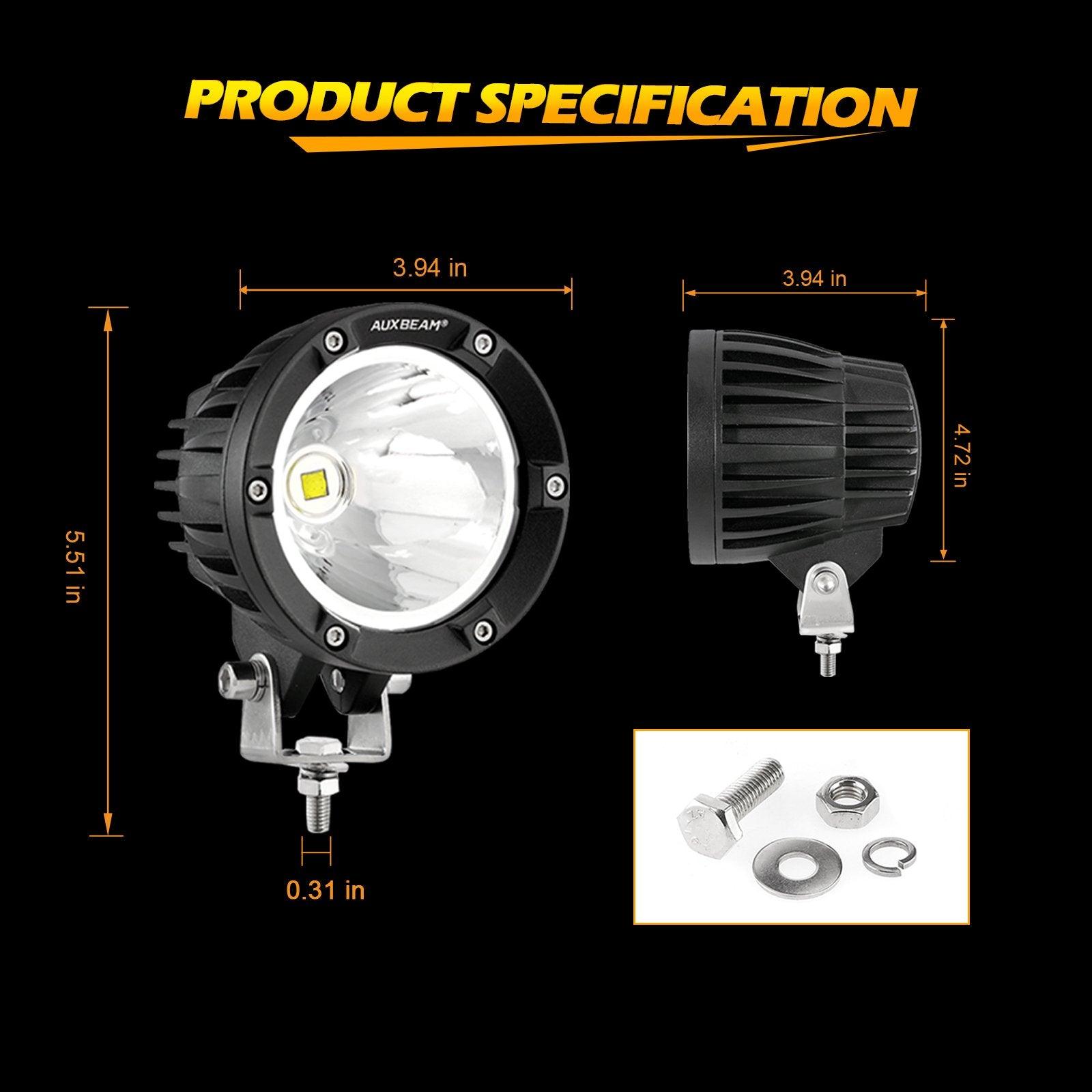 Auxbeam C4 Series 4" 100W Round LED Driving Lights – Spot Beam, White LED Pods