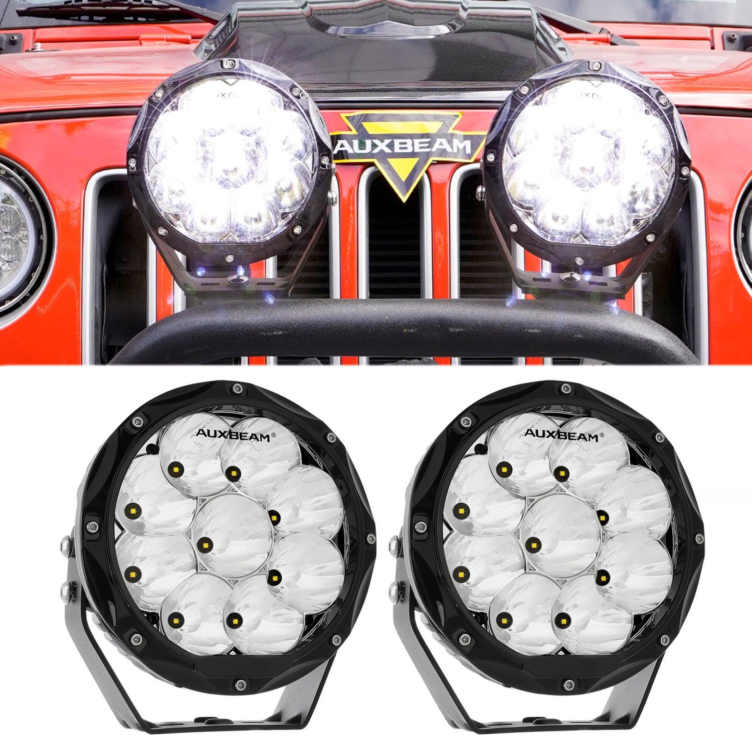 Auxbeam 7" 90W Round LED Driving Lights – Spot Beam, SAE Compliant, Off-Road, Amber/Black Covers Optional (2 Pack)