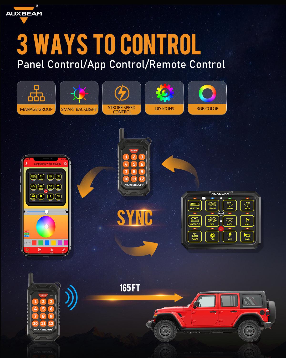 Auxbeam AC Series AC-1200 12-Gang RGB Switch Panel – App & Remote Control, Toggle/Momentary/Pulsed, One-Sided Outlet