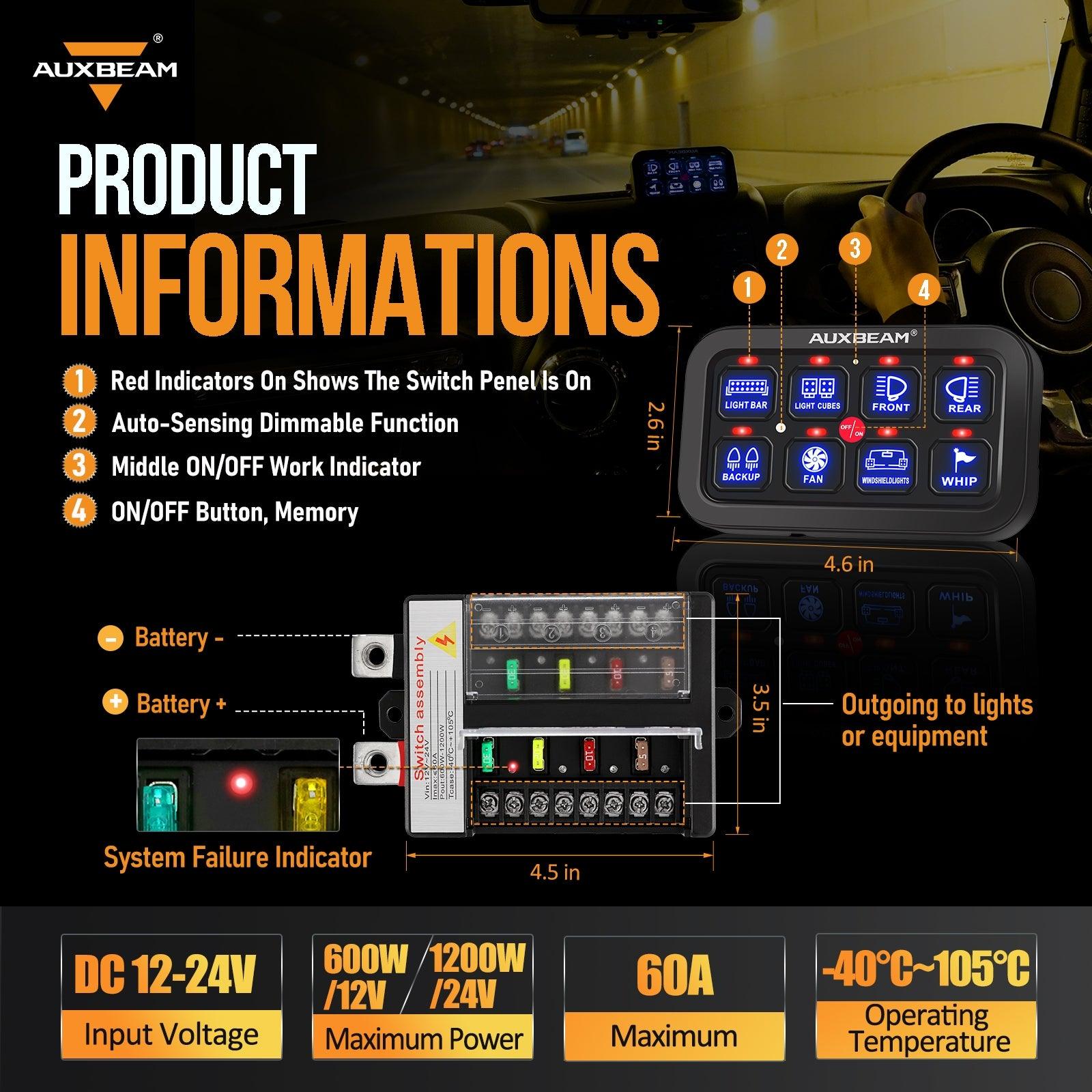 Auxbeam Single Series 6/8-Gang LED Switch Panel – Off-Road Light Controller
