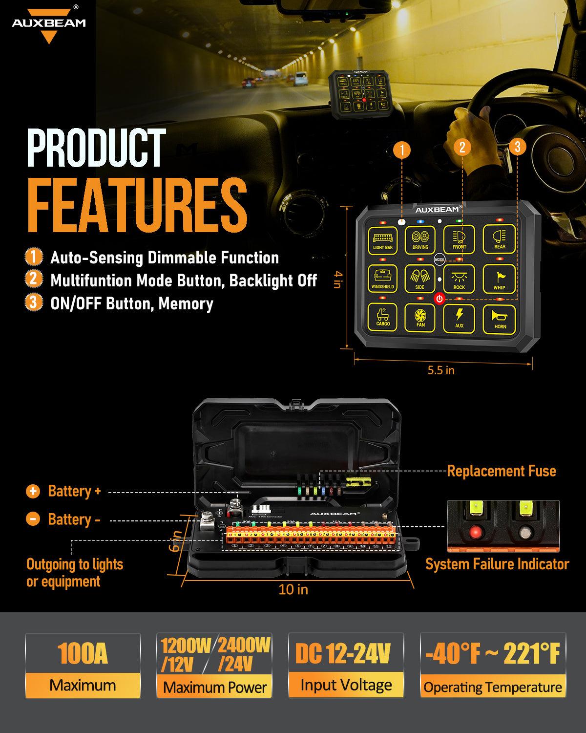 Auxbeam AC Series AC-1200 12-Gang RGB Switch Panel – App & Remote Control, Toggle/Momentary/Pulsed, One-Sided Outlet