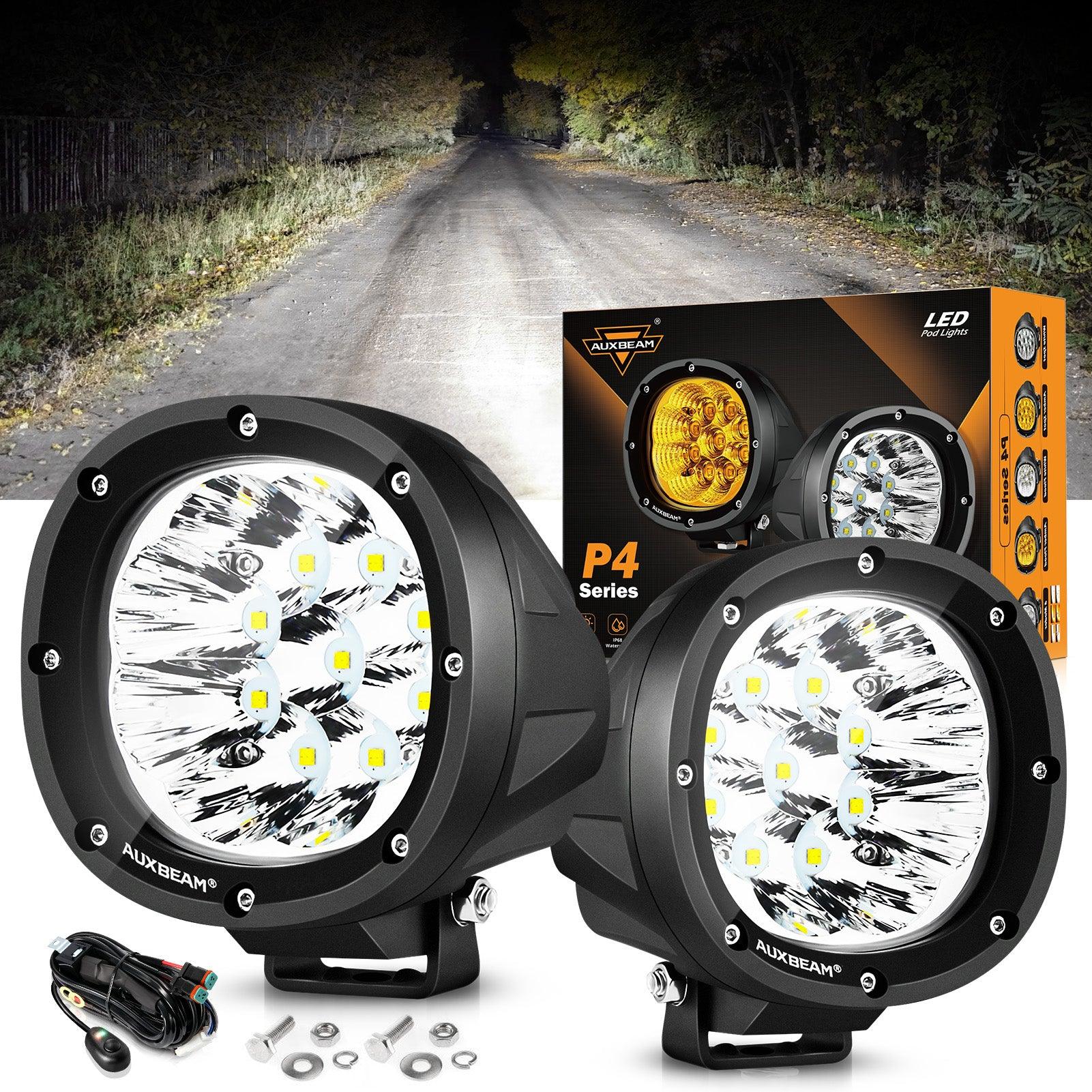 Auxbeam P4 Series 4" 90W Round LED Driving Lights – Spot Beam, White Pod Lights
