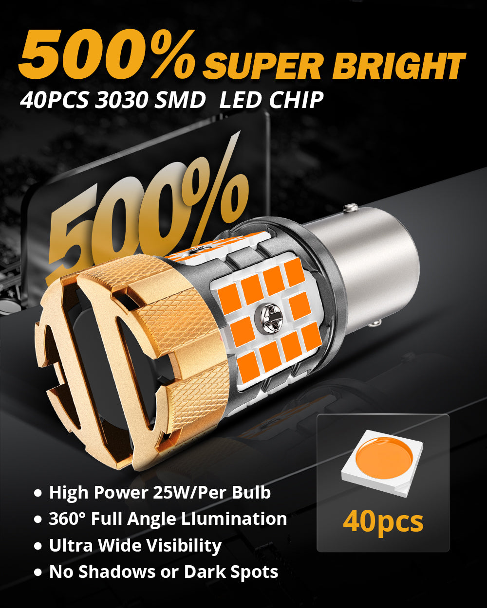 Auxbeam BAU15S / 7507 LED Turn Signal Bulbs – B21-PRO Series, Front/Rear & Side Marker Lights, 50W, 4000LM, 3000K Amber, CAN-Bus Error-Free (2 Pack)