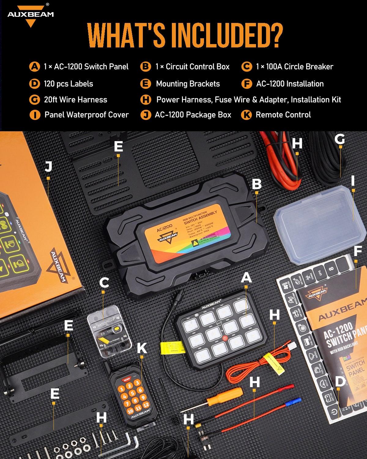 Auxbeam AC Series AC-1200 12-Gang RGB Switch Panel – App & Remote Control, Toggle/Momentary/Pulsed, One-Sided Outlet