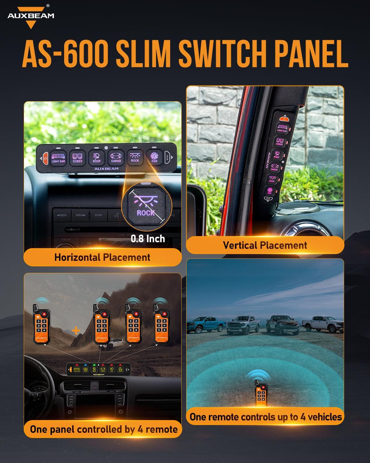 Auxbeam AS Series 4/6/8 Gang RGB Slim Switch Panel with APP & Remote Control, Toggle/ Momentary/ Pulsed Mode Supported(One-Sided Outlet)