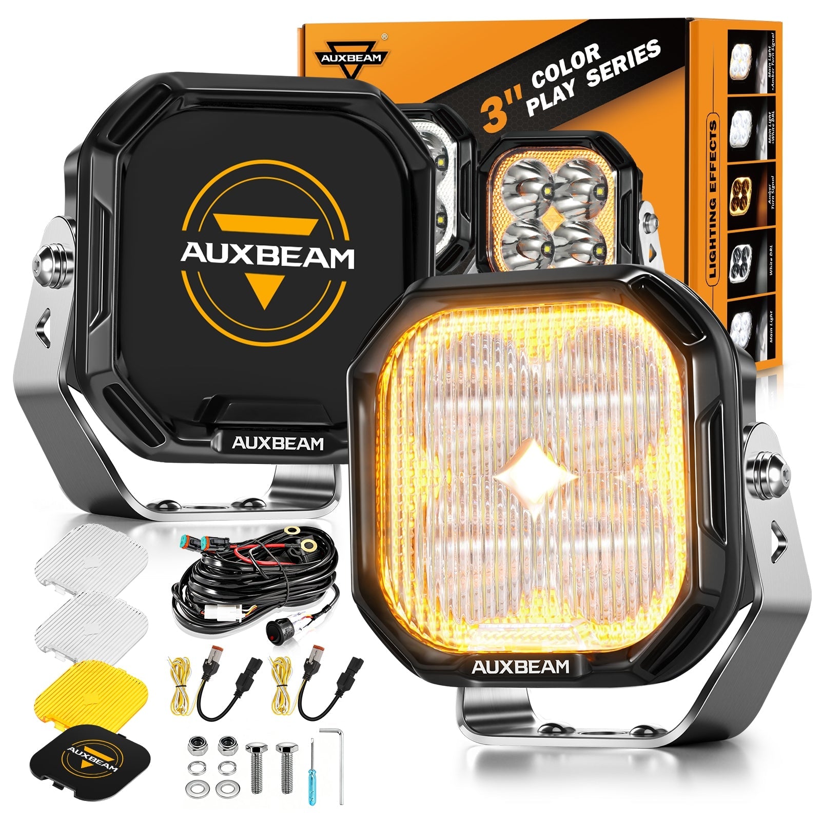 Auxbeam Color Play Series 3" LED Fog Lights – 100W, White DRL & Amber Turn Signal