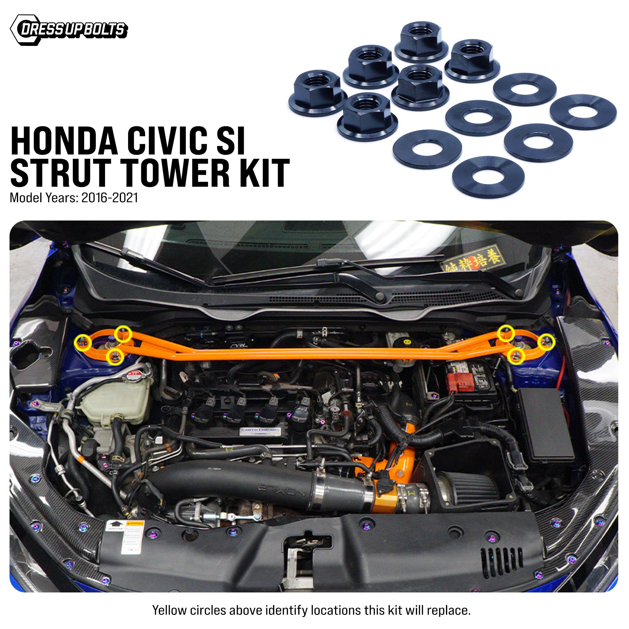 Dress Up Bolts Titanium Hardware Strut Tower Kit for 16-21 Honda Civic