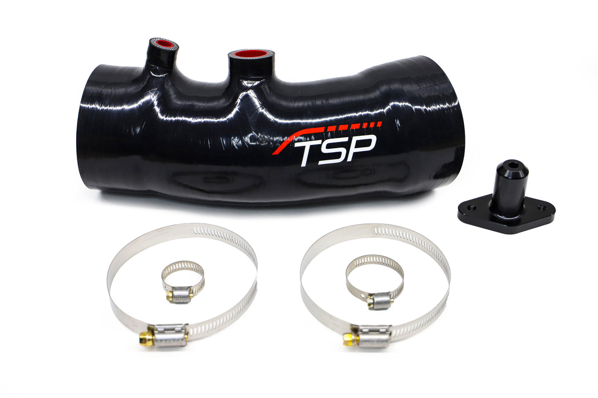 The complete TSP coupler kit laid out: silicone coupler, billet EVAP adapter and four Breeze worm gear clamps