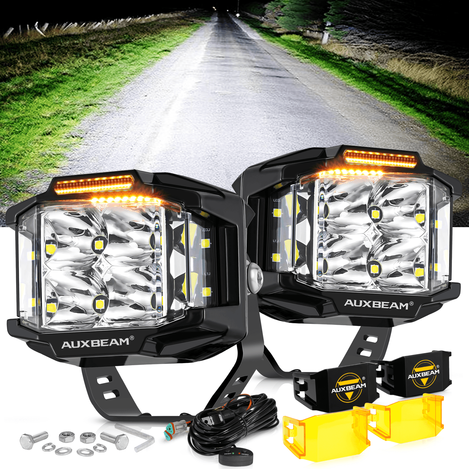Auxbeam V-MAX Series 4" Square LED Pod Lights – 92W, 8,960LM, Spot Beam, Amber DRL