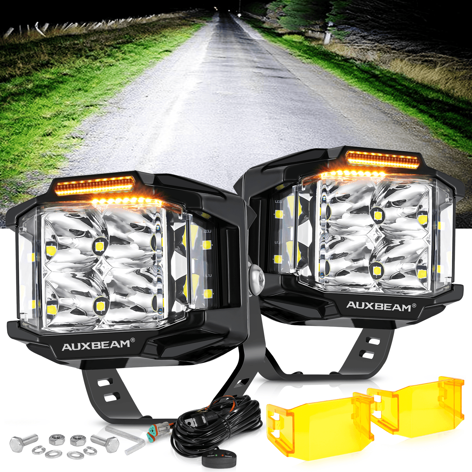Auxbeam V-MAX Series 4" Square LED Pod Lights – 92W, 8,960LM, Spot Beam, Amber DRL