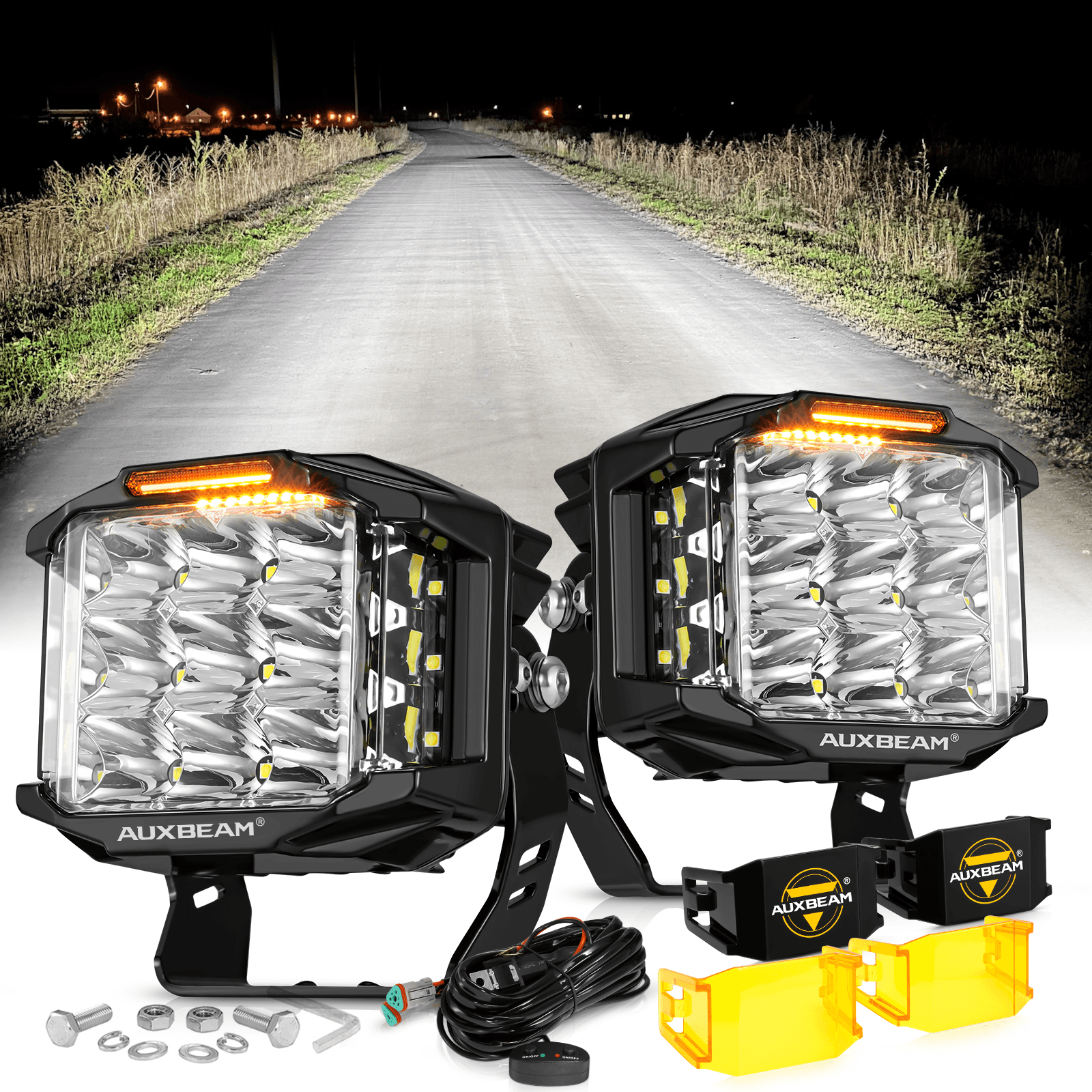Auxbeam V-MAX Series 5" Square LED Pod Lights – 168W, 16,440LM, Spot Beam, Amber DRL