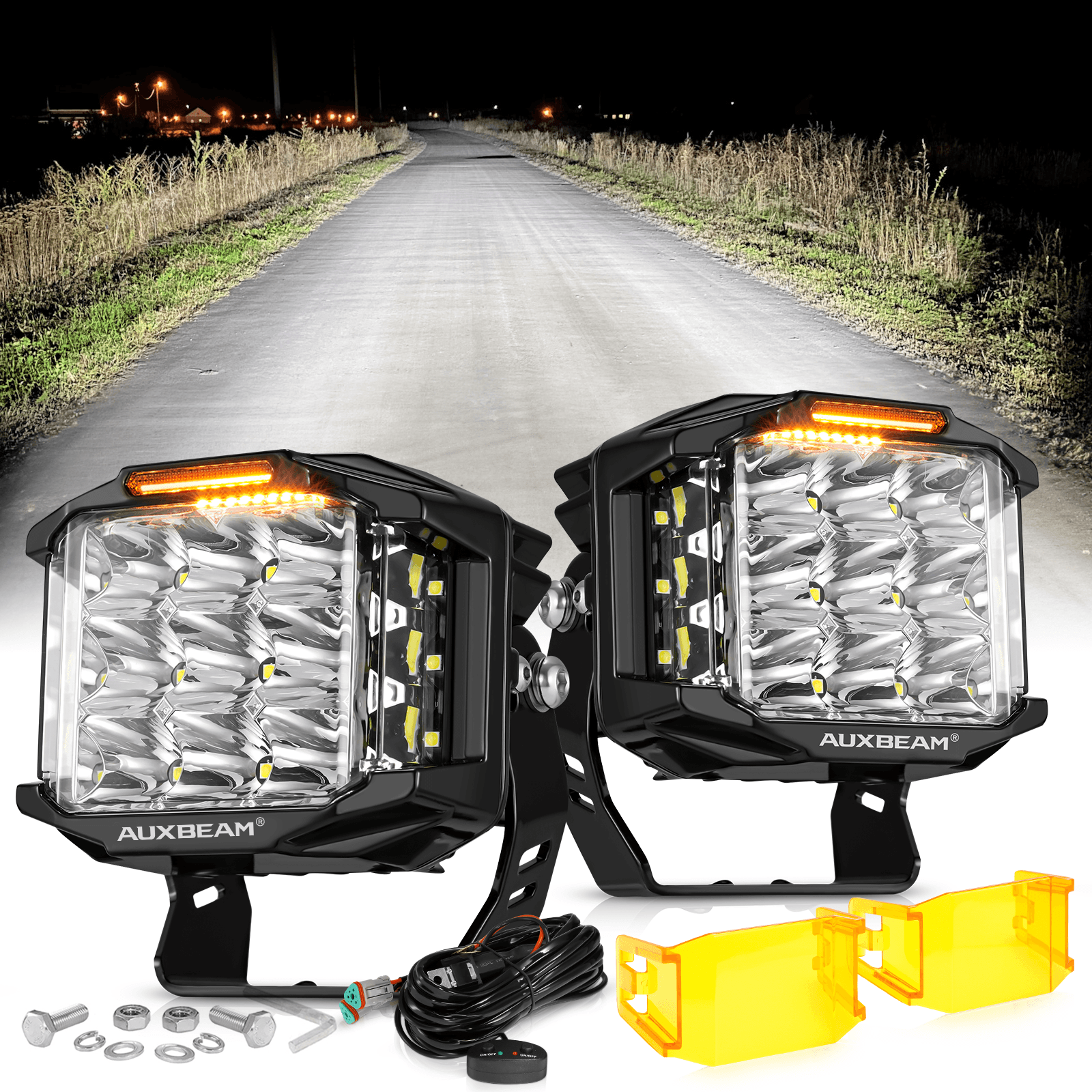 Auxbeam V-MAX Series 5" Square LED Pod Lights – 168W, 16,440LM, Spot Beam, Amber DRL