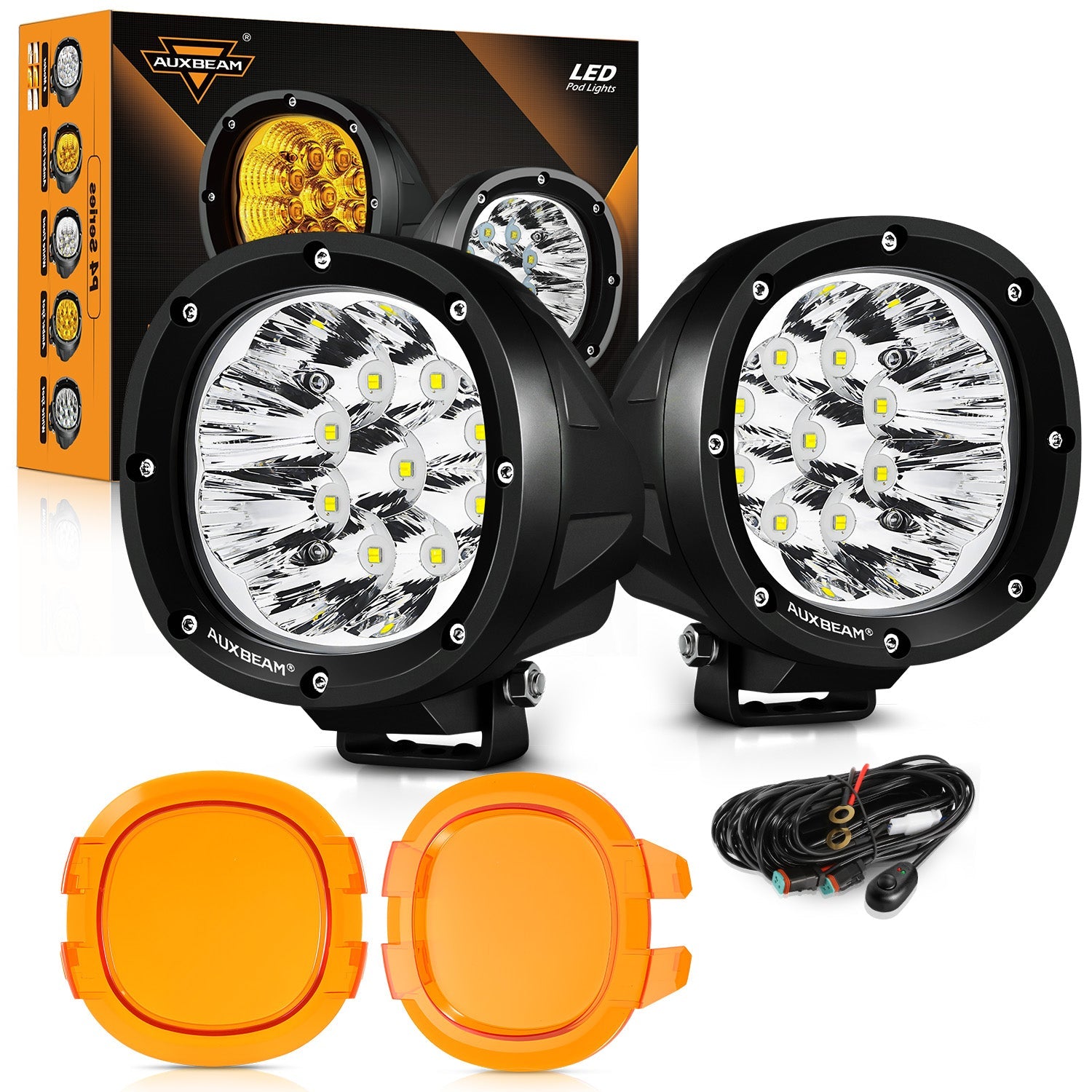 Auxbeam P4 Series 4" 90W Round LED Driving Lights – Spot Beam, White Pod Lights