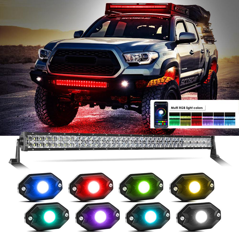 Auxbeam V-PRO Series 42" RGBW LED Light Bar & RGB Rock Light Combo – Straight, Color-Changing, Off-Road