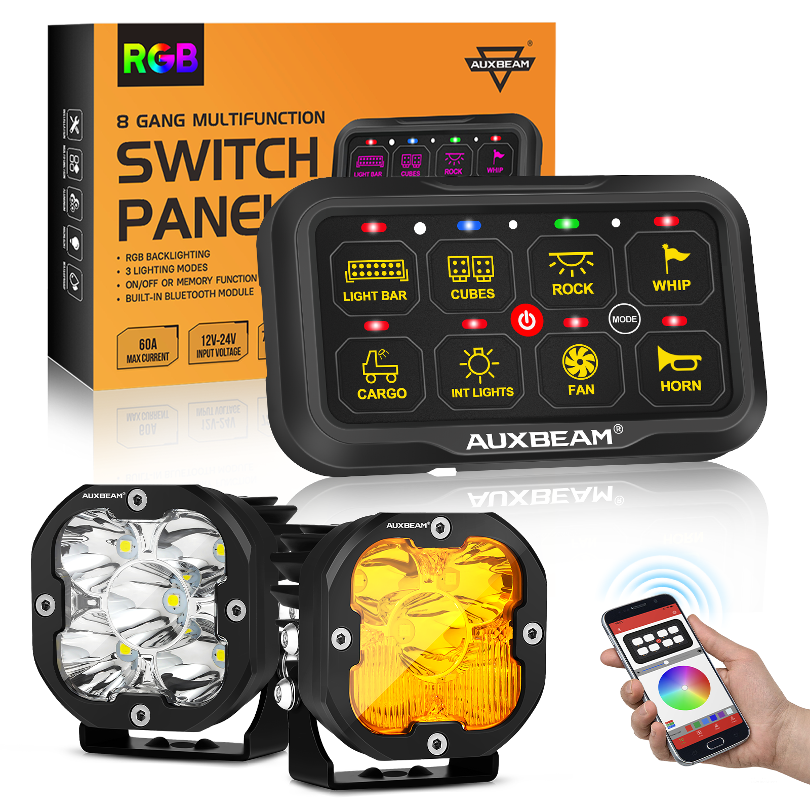 Auxbeam AR-800 RGB Switch Panel Kit – with 3" LED Pods, White & Yellow Covers