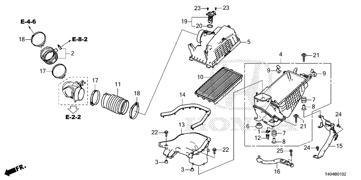 Honda parts diagram of the intake and air cleaner. Items 2 and 11 are the two couplers that make up the rest of the three-piece connection.