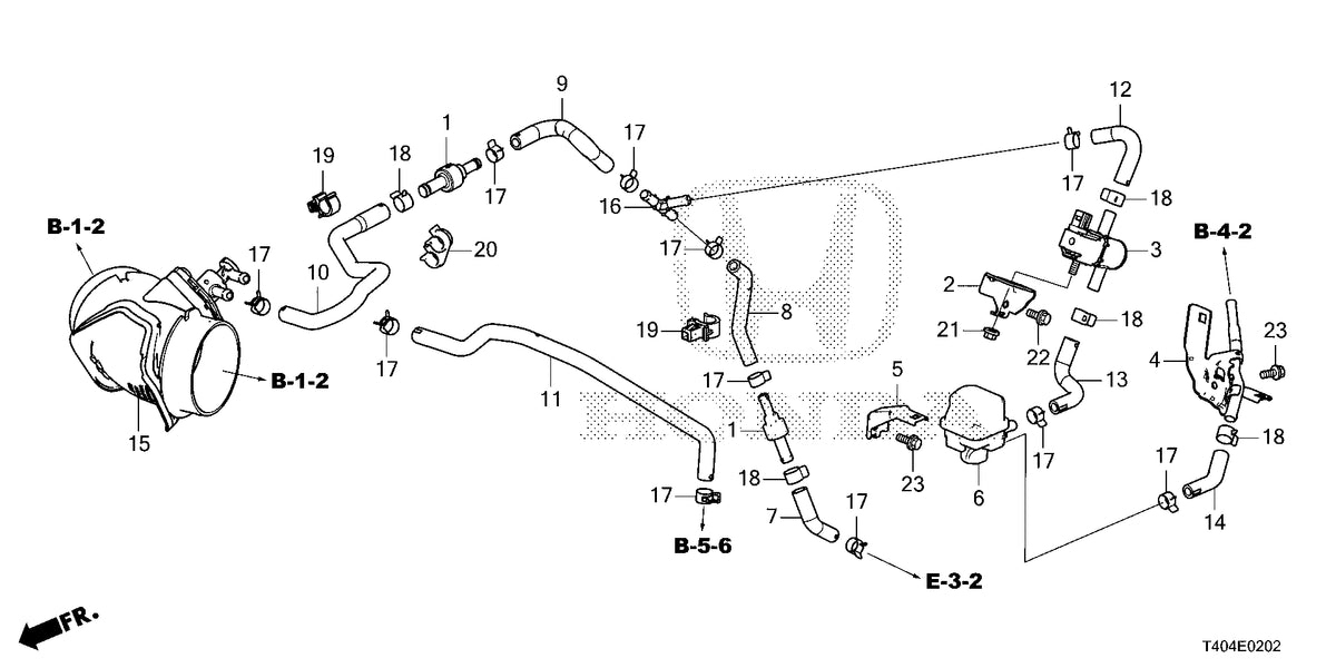 Honda parts diagram of the EVAP purge system. Item 15, lower left, is the plastic Jet Purge Air Flow Joint Assembly.