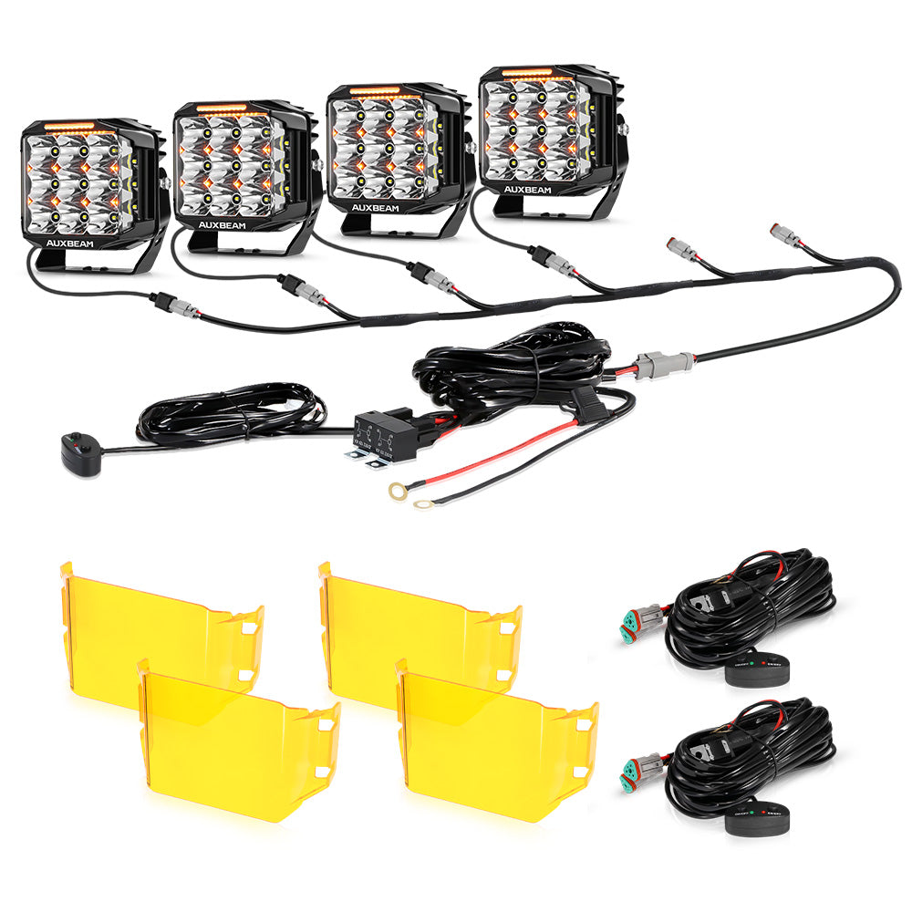 Auxbeam V-MAX Series 7" Square LED Pod Lights – 228W, 26,100LM, Spot Beam Side Shooter, Amber DRL & Backlight