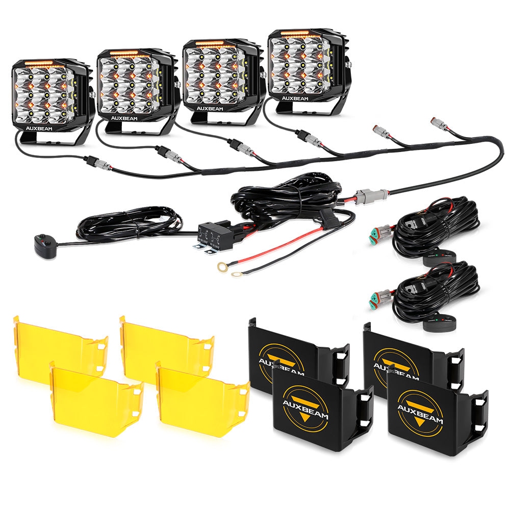 Auxbeam V-MAX Series 7" Square LED Pod Lights – 228W, 26,100LM, Spot Beam Side Shooter, Amber DRL & Backlight