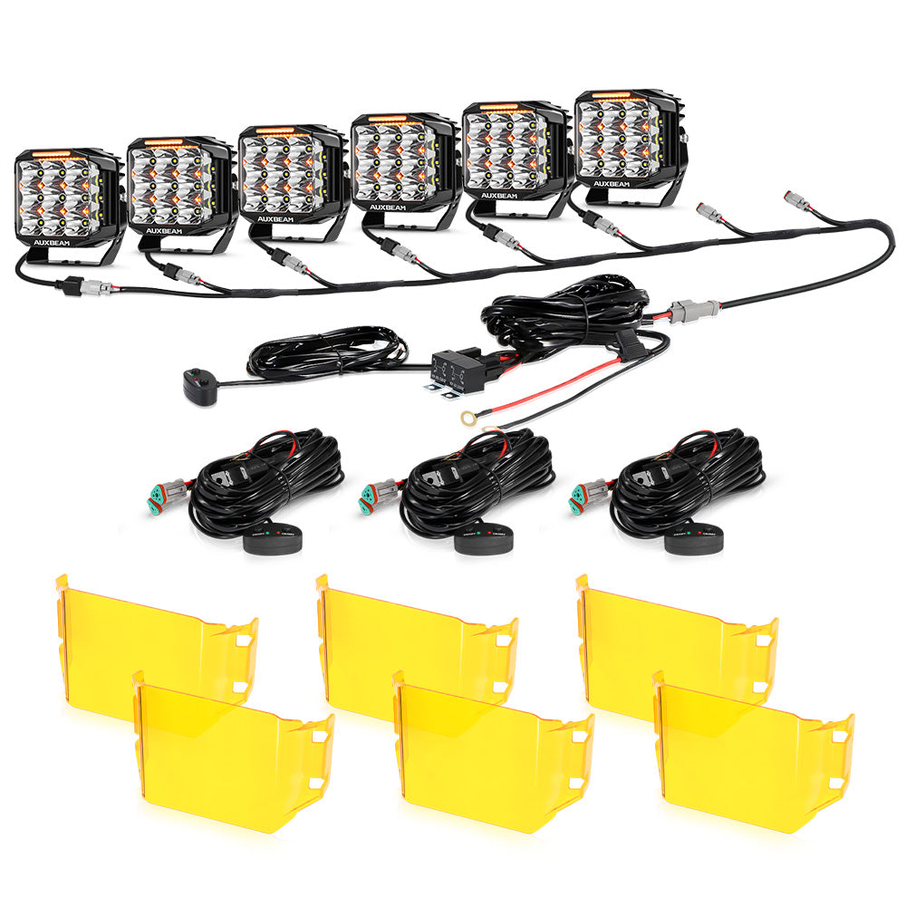 Auxbeam V-MAX Series 7" Square LED Pod Lights – 228W, 26,100LM, Spot Beam Side Shooter, Amber DRL & Backlight
