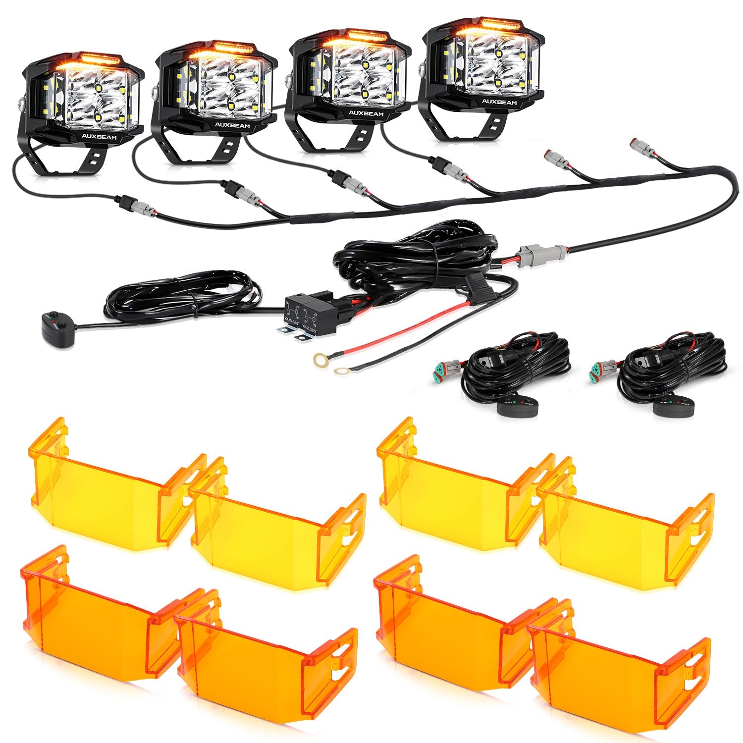 Auxbeam V-MAX Series 4" Square LED Pod Lights – 92W, 8,960LM, Spot Beam, Amber DRL
